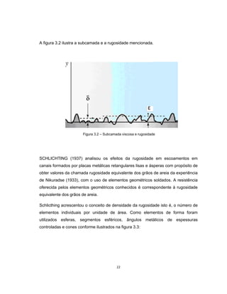22
A figura 3.2 ilustra a subcamada e a rugosidade mencionada.
Figura 3.2 – Subcamada viscosa e rugosidade
SCHLICHTING (1937) analisou os efeitos da rugosidade em escoamentos em
canais formados por placas metálicas retangulares lisas e ásperas com propósito de
obter valores da chamada rugosidade equivalente dos grãos de areia da experiência
de Nikuradse (1933), com o uso de elementos geométricos soldados. A resistência
oferecida pelos elementos geométricos conhecidos é correspondente à rugosidade
equivalente dos grãos de areia.
Schlicthing acrescentou o conceito de densidade da rugosidade isto é, o número de
elementos individuais por unidade de área. Como elementos de forma foram
utilizados esferas, segmentos esféricos, ângulos metálicos de espessuras
controladas e cones conforme ilustrados na figura 3.3:
 