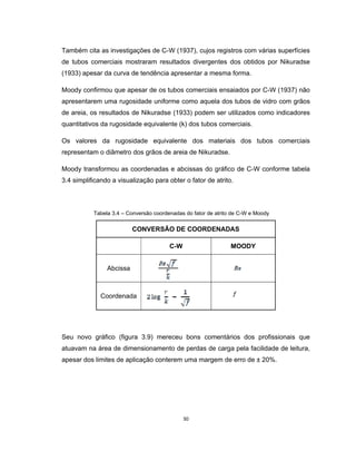 30
Também cita as investigações de C-W (1937), cujos registros com várias superfícies
de tubos comerciais mostraram resultados divergentes dos obtidos por Nikuradse
(1933) apesar da curva de tendência apresentar a mesma forma.
Moody confirmou que apesar de os tubos comerciais ensaiados por C-W (1937) não
apresentarem uma rugosidade uniforme como aquela dos tubos de vidro com grãos
de areia, os resultados de Nikuradse (1933) podem ser utilizados como indicadores
quantitativos da rugosidade equivalente (k) dos tubos comerciais.
Os valores da rugosidade equivalente dos materiais dos tubos comerciais
representam o diâmetro dos grãos de areia de Nikuradse.
Moody transformou as coordenadas e abcissas do gráfico de C-W conforme tabela
3.4 simplificando a visualização para obter o fator de atrito.
Tabela 3.4 – Conversão coordenadas do fator de atrito de C-W e Moody
Seu novo gráfico (figura 3.9) mereceu bons comentários dos profissionais que
atuavam na área de dimensionamento de perdas de carga pela facilidade de leitura,
apesar dos limites de aplicação conterem uma margem de erro de ± 20%.
CONVERSÃO DE COORDENADAS
C-W MOODY
Abcissa
Coordenada
 
