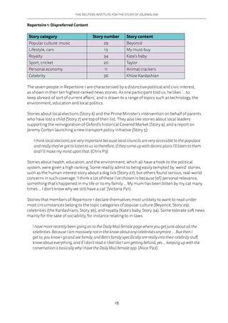 THE REUTERS INSTITUTE FOR THE STUDY OF JOURNALISM
18
Repertoire 1: Dispreferred Content
Story category Story number Story content
Popular culture: music 29 Beyoncé
Lifestyle, cars 13 My must-buy
Royalty 34 Kate’s baby
Sport, cricket 20 Taylor
Personal economy 11 Animal crackers
Celebrity 36 Khloe Kardashian
The seven people in Repertoire 1 are characterised by a distinctive political and civic interest,
as shown in their ten highest-ranked news stories. As one participant told us, he likes ‘... to
keep abreast of sort of current affairs’, and is drawn to a range of topics such as technology, the
environment, education and local politics.
Stories about local elections (Story 6) and the Prime Minister’s intervention on behalf of parents
who have lost a child (Story 7) are top of their list. They also like stories about local leaders
supporting the reinvigoration of Oxford’s historical Covered Market (Story 9), and a report on
Jeremy Corbyn launching a new transport policy initiative (Story 5).
I think local elections are very important because local councils are very accessible to the populace
and really they’ve got to listen to us so therefore, if they come up with decent plans I’ll listen to them
and I’ll make my mind upon that. (Chris P3)
Stories about health, education, and the environment, which all have a hook to the political
system, were given a high ranking. Some readily admit to being easily tempted by ‘weird’ stories,
such as the human interest story about a dog lick (Story 27), but others found serious, real-world
concerns in such coverage: ‘I think a lot of these I’ve chosen is because [of] personal relevance,
something that’s happened in my life or to my family … My mum has been bitten by my cat many
times … I don’t know why we still have a cat’ (Victoria P21).
Stories that members of Repertoire 1 declare themselves most unlikely to want to read under
most circumstances belong to the topic categories of popular culture (Beyoncé, Story 29),
celebrities (the Kardashians, Story 36), and royalty (Kate’s baby, Story 34). Some tolerate soft news
mainly for the sake of sociability, for instance relating to in-laws:
I have more recently been going on to the Daily Mail female page where you get junk about all the
celebrities. Because I am massively not in the know about any celebrities anymore. … But then I
get to, you know I go and see family, and Ben’s family specifically are really into their celebrity stuff,
know about everything, and if I don’t read it I feel like I am getting behind, yes ... keeping up with the
conversation is basically why I have the Daily Mail female app. (Alice P22)
 