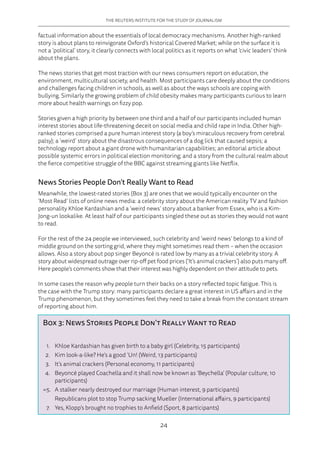 THE REUTERS INSTITUTE FOR THE STUDY OF JOURNALISM
24
factual information about the essentials of local democracy mechanisms. Another high-ranked
story is about plans to reinvigorate Oxford’s historical Covered Market; while on the surface it is
not a ‘political’ story, it clearly connects with local politics as it reports on what ‘civic leaders’ think
about the plans.
The news stories that get most traction with our news consumers report on education, the
environment, multicultural society, and health. Most participants care deeply about the conditions
and challenges facing children in schools, as well as about the ways schools are coping with
bullying. Similarly the growing problem of child obesity makes many participants curious to learn
more about health warnings on fizzy pop.
Stories given a high priority by between one third and a half of our participants included human
interest stories about life-threatening deceit on social media and child rape in India. Other high-
ranked stories comprised a pure human interest story (a boy’s miraculous recovery from cerebral
palsy); a ‘weird’ story about the disastrous consequences of a dog lick that caused sepsis; a
technology report about a giant drone with humanitarian capabilities; an editorial article about
possible systemic errors in political election monitoring; and a story from the cultural realm about
the fierce competitive struggle of the BBC against streaming giants like Netflix.
News Stories People Don’t Really Want to Read
Meanwhile, the lowest-rated stories (Box 3) are ones that we would typically encounter on the
‘Most Read’ lists of online news media: a celebrity story about the American reality TV and fashion
personality Khloe Kardashian and a ‘weird news’ story about a banker from Essex, who is a Kim-
Jong-un lookalike. At least half of our participants singled these out as stories they would not want
to read.
For the rest of the 24 people we interviewed, such celebrity and ‘weird news’ belongs to a kind of
middle ground on the sorting grid, where they might sometimes read them – when the occasion
allows. Also a story about pop singer Beyoncé is rated low by many as a trivial celebrity story. A
story about widespread outrage over rip-off pet food prices (‘It’s animal crackers’) also puts many off.
Here people’s comments show that their interest was highly dependent on their attitude to pets.
In some cases the reason why people turn their backs on a story reflected topic fatigue. This is
the case with the Trump story: many participants declare a great interest in US affairs and in the
Trump phenomenon, but they sometimes feel they need to take a break from the constant stream
of reporting about him.
Box 3: News Stories People Don’t Really Want to Read	
	 1. 	 Khloe Kardashian has given birth to a baby girl (Celebrity, 15 participants)
	 2. 	 Kim look-a-like? He’s a good ‘Un! (Weird, 13 participants)
	 3. 	 It’s animal crackers (Personal economy, 11 participants)
	 4. 	Beyoncé played Coachella and it shall now be known as ‘Beychella’ (Popular culture, 10
participants)
	=5. 	 A stalker nearly destroyed our marriage (Human interest, 9 participants)
		 Republicans plot to stop Trump sacking Mueller (International affairs, 9 participants)
	 7. 	 Yes, Klopp’s brought no trophies to Anfield (Sport, 8 participants)
 