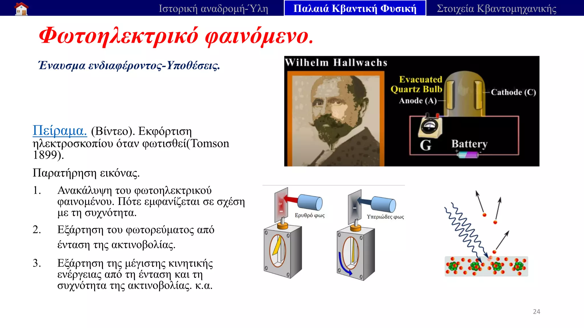 Φωτοηλεκτρικό φαινόμενο.
Έναυσμα ενδιαφέροντος-Υποθέσεις.
24
Ιστορική αναδρομή-Ύλη Παλαιά Κβαντική Φυσική Στοιχεία Κβαντομηχανικής
Πείραμα. (Βίντεο). Εκφόρτιση
ηλεκτροσκοπίου όταν φωτισθεί(Tomson
1899).
Παρατήρηση εικόνας.
1. Ανακάλυψη του φωτοηλεκτρικού
φαινομένου. Πότε εμφανίζεται σε σχέση
με τη συχνότητα.
2. Εξάρτηση του φωτορεύματος από
ένταση της ακτινοβολίας.
3. Εξάρτηση της μέγιστης κινητικής
ενέργειας από τη ένταση και τη
συχνότητα της ακτινοβολίας. κ.α.
 