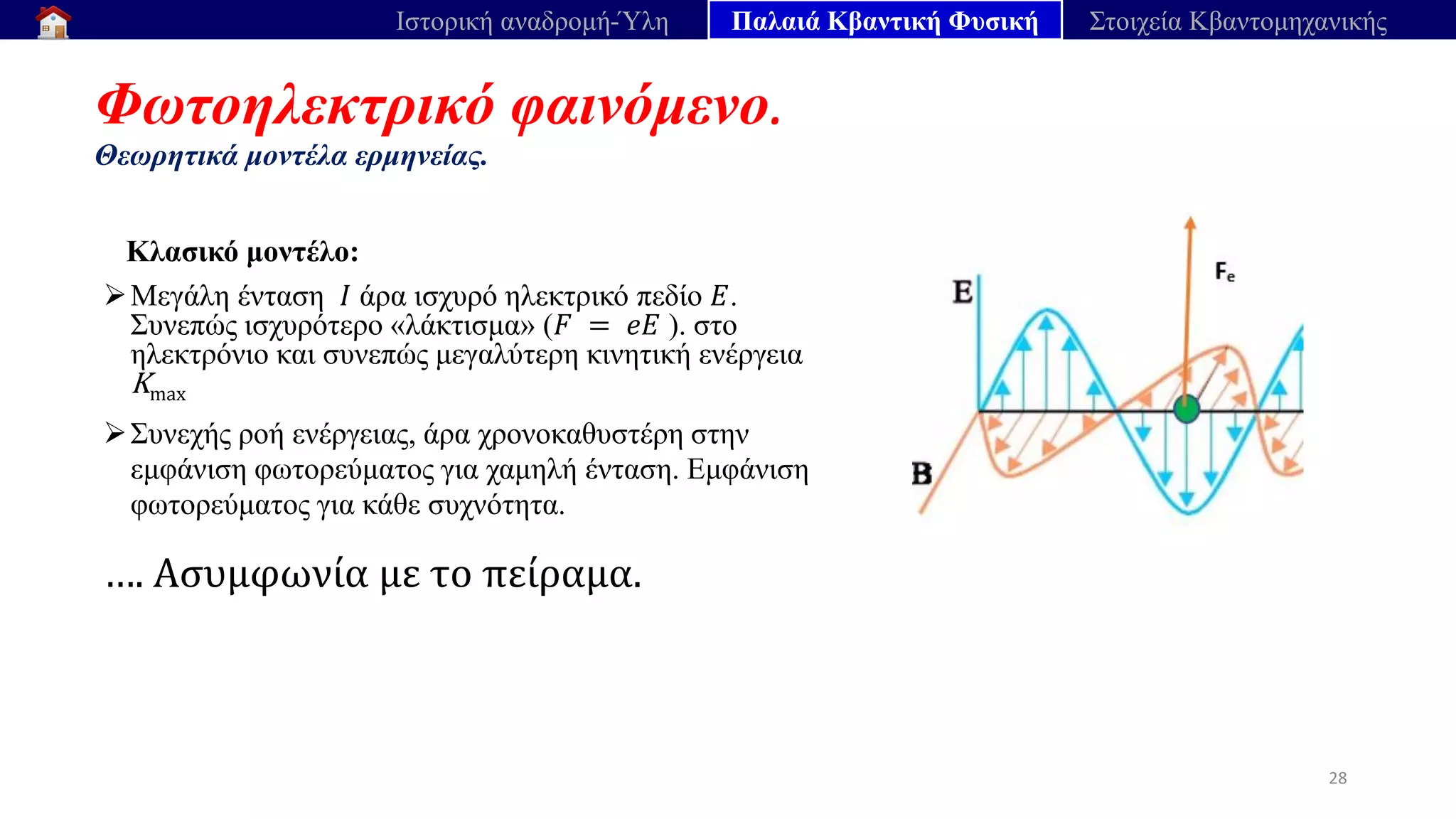 Φωτοηλεκτρικό φαινόμενο.
Θεωρητικά μοντέλα ερμηνείας.
28
Ιστορική αναδρομή-Ύλη Παλαιά Κβαντική Φυσική Στοιχεία Κβαντομηχανικής
Κλασικό μοντέλο:
➢Μεγάλη ένταση 𝐼 άρα ισχυρό ηλεκτρικό πεδίο 𝐸.
Συνεπώς ισχυρότερο «λάκτισμα» (𝐹 = 𝑒𝐸 ). στο
ηλεκτρόνιο και συνεπώς μεγαλύτερη κινητική ενέργεια
Kmax
➢Συνεχής ροή ενέργειας, άρα χρονοκαθυστέρη στην
εμφάνιση φωτορεύματος για χαμηλή ένταση. Εμφάνιση
φωτορεύματος για κάθε συχνότητα.
….​Ασυμφωνία​με​το​πείραμα.
 