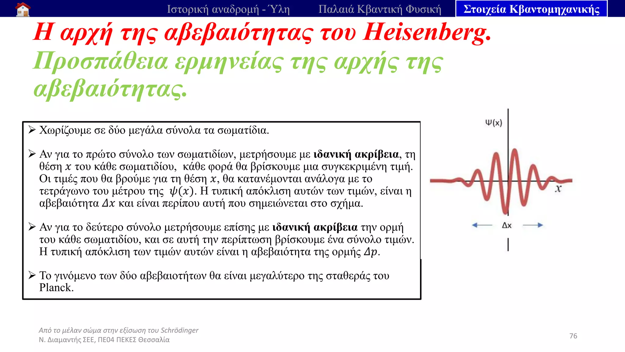 Από το μέλαν σώμα στην εξίσωση του Schrödinger
Ν. Διαμαντής ΣΕΕ, ΠΕ04 ΠΕΚΕΣ Θεσσαλία
Η αρχή της αβεβαιότητας του Heisenberg.
Προσπάθεια ερμηνείας της αρχής της
αβεβαιότητας.
76
Ιστορική αναδρομή - Ύλη Παλαιά Κβαντική Φυσική Στοιχεία Κβαντομηχανικής
➢ Χωρίζουμε σε δύο μεγάλα σύνολα τα σωματίδια.
➢ Αν για το πρώτο σύνολο των σωματιδίων, μετρήσουμε με ιδανική ακρίβεια, τη
θέση 𝑥 του κάθε σωματιδίου, κάθε φορά θα βρίσκουμε μια συγκεκριμένη τιμή.
Οι τιμές που θα βρούμε για τη θέση 𝑥, θα κατανέμονται ανάλογα με το
τετράγωνο του μέτρου της 𝜓(𝑥). Η τυπική απόκλιση αυτών των τιμών, είναι η
αβεβαιότητα 𝛥𝑥 και είναι περίπου αυτή που σημειώνεται στο σχήμα.
➢ Αν για το δεύτερο σύνολο μετρήσουμε επίσης με ιδανική ακρίβεια την ορμή
του κάθε σωματιδίου, και σε αυτή την περίπτωση βρίσκουμε ένα σύνολο τιμών.
Η τυπική απόκλιση των τιμών αυτών είναι η αβεβαιότητα της ορμής 𝛥𝑝.
➢ Το γινόμενο των δύο αβεβαιοτήτων θα είναι μεγαλύτερο της σταθεράς του
Planck.
 
