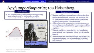 Από το μέλαν σώμα στην εξίσωση του Schrödinger
Ν. Διαμαντής ΣΕΕ, ΠΕ04 ΠΕΚΕΣ Θεσσαλία
Αρχή απροσδιοριστίας του Heisenberg
➢ Δεν μπορούμε να προσδιορίσουμε ταυτόχρονα τη
θέση και την ορμή με απεριόριστη ακρίβεια
Περιεχόμενο
Ιστορική αναδρομή - Ύλη Παλαιά Κβαντική Φυσική Στοιχεία Κβαντομηχανικής
✓ Να αναγνωρίζουν ότι η αρχή απροσδιοριστίας είναι
συνέπεια του δυϊσμού, συνέπεια του γεγονότος ότι
το ηλεκτρόνιο συνοδεύεται από κύμα προκύπτει η
αρχή απροσδιοριστίας και αντίστροφα
✓ Να διακρίνουν τη σχέση της κυματοσυνάρτησης με
την απροσδιοριστία(απόπειρα ερμηνείας των υλικών
κυμάτων)
✓ Να αναγνωρίζουν ότι ταυτόχρονη συνύπαρξη της
σωματιδιακής και κυματικής φύσης γεννά μια νέα
φυσική
✓ Να αναγνωρίζουν την αναγκαιότητα αναζήτησης της
κυματοσυνάρτησης και της αντίστοιχης εξίσωσης
που υπακούει
Διδακτικοί στόχοι
 