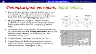 Φωτοηλεκτρικό φαινόμενο. Παρατηρήσεις.
33
Ιστορική αναδρομή -Υλη Παλαιά Κβαντική Φυσική Στοιχεία Κβαντομηχανικής
➢ Σο φωτοηλεκτρικό φαινόμενο τα φωτοηλεκτρόνια ήταν στη ζώνη
αγωγιμότητας. Η ενέργεια του φωτονίου είναι συγκρίσιμη του
έργου εξαγωγής Φ του μετάλλου για αυτό και η ακτινοβολία είναι
συνήθως στο ορατό και υπεριώδες φάσμα (μερικά eV).
➢ Με χρήση ακτίνων Χ (τάξης KeV), αποσπώνται δέσμια
ηλεκτρόνια των ατόμων ή των μορίων και το φαινόμενο λέγεται
ατομικό φωτοηλεκτρικό φαινόμενο.(δευτερογενή ηλεκτρόνια
Auger)
➢ Τα κβάντα ενέργειας της ακτινοβολίας, σύμφωνα με την υπόθεση
του Einstein, οφείλονται στη φύση της ακτινοβολίας και όχι στον
ασυνεχή τρόπο της εκπομπής και απορρόφησης της όπως
διατυπώθηκε από τον Planck.
➢ Πείραμα Millican .Υπολογισμός της σταθεράς του Planck.
➢ Πείραμα Duane et al. Βομβαρδισμός μεταλλικού στόχου με
ηλεκτρόνια σταθερής ενέργειας. Για τη μέγιστη συχνότητα των
παραγομένων ακτίνων Χ ισχύει
1
2
𝑚𝑢2
= ℎ𝑓𝑚𝑎𝑥
 