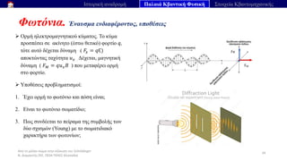 Από το μέλαν σώμα στην εξίσωση του Schrödinger
Ν. Διαμαντής ΣΕΕ, ΠΕ04 ΠΕΚΕΣ Θεσσαλία
Φωτόνια. Έναυσμα ενδιαφέροντος, υποθέσεις
34
Ιστορική αναδρομή Παλαιά Κβαντική Φυσική Στοιχεία Κβαντομηχανικής
➢ Ορμή ηλεκτρομαγνητικού κύματος. Το κύμα
προσπέσει σε ακίνητο (έστω θετικό) φορτίο 𝑞,
τότε αυτό δέχεται δύναμη ( 𝐹
𝑥 = 𝑞Ԑ)
αποκτώντας ταχύτητα 𝑢𝑥 . Δέχεται, μαγνητική
δύναμη ( 𝐹𝑀 = 𝑞𝑢𝑥𝐵 ) που μεταφέρει ορμή
στο φορτίο.
➢ Υποθέσεις προβληματισμοί:
1. Έχει ορμή το φωτόνιο και πόση είναι;
2. Είναι το φωτόνιο σωματίδιο;
3. Πως συνδέεται το πείραμα της συμβολής των
δύο σχισμών (Young) με το σωματιδιακό
χαρακτήρα των φωτονίων;
 
