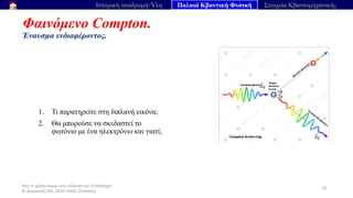 Από το μέλαν σώμα στην εξίσωση του Schrödinger
Ν. Διαμαντής ΣΕΕ, ΠΕ04 ΠΕΚΕΣ Θεσσαλία
Φαινόμενο Compton.
Έναυσμα ενδιαφέροντος.
41
Ιστορική αναδρομή-Ύλη Παλαιά Κβαντική Φυσική Στοιχεία Κβαντομηχανικής
1. Τι παρατηρείτε στη διπλανή εικόνα;
2. Θα μπορούσε να σκεδαστεί το
φωτόνιο με ένα ηλεκτρόνιο και γιατί;
 