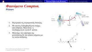 Από το μέλαν σώμα στην εξίσωση του Schrödinger
Ν. Διαμαντής ΣΕΕ, ΠΕ04 ΠΕΚΕΣ Θεσσαλία
Φαινόμενο Compton.
Πείραμα.
42
Ιστορική αναδρομή-Ύλη Παλαιά Κβαντική Φυσική Στοιχεία Κβαντομηχανικής
1. Περιγραφή της πειραματικής διάταξης.
2. Με ακτίνες Χ βομβαρδίζεται στόχος
από άνθρακα. Μελετάται η
σκεδαζόμενη σε γωνία θ ακτίνα.
3. Μελετάμε την εξάρτηση της
μετατόπισης Δλ του μήκους κύματος με
τη γωνία σκέδασης.
 