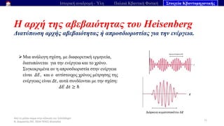 Από το μέλαν σώμα στην εξίσωση του Schrödinger
Ν. Διαμαντής ΣΕΕ, ΠΕ04 ΠΕΚΕΣ Θεσσαλία
Η αρχή της αβεβαιότητας του Heisenberg
Διατύπωση αρχής αβεβαιότητας ή απροσδιοριστίας για την ενέργεια.
71
Ιστορική αναδρομή - Ύλη Παλαιά Κβαντική Φυσική Στοιχεία Κβαντομηχανικής
➢Μια ανάλογη σχέση, με διαφορετική ερμηνεία,
διατυπώνεται για την ενέργεια και το χρόνο.
Συγκεκριμένα αν η απροσδιοριστία στην ενέργεια
είναι 𝛥𝛦, και ο αντίστοιχος χρόνος μέτρησης της
ενέργειας είναι 𝛥𝑡, αυτά συνδέονται με την σχέση:
𝛥𝐸 𝛥𝑡 ≥ ℏ
 