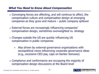 © Copyright 2013. Compensation Venture Group, Inc. All rights reserved.
What You Need to Know About Compensation
 Converging forces are affecting, and will continue to affect, the
compensation culture and compensation design at emerging
companies as they grow and mature – public company spillover
 External forces are increasingly influencing companies’
compensation design, sometimes overweighted vs. strategy
 Changes outside the US are quickly influencing US
compensation in public companies
 Also driven by external governance organizations with
sociopolitical views influencing corporate governance ideas
(e.g., excessive CEO pay, caps on banker bonuses)
 Compliance and conformance are occupying the majority of
compensation design discussions at the Board level
12
 