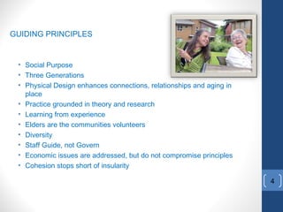 4
GUIDING PRINCIPLES
• Social Purpose
• Three Generations
• Physical Design enhances connections, relationships and aging in
place
• Practice grounded in theory and research
• Learning from experience
• Elders are the communities volunteers
• Diversity
• Staff Guide, not Govern
• Economic issues are addressed, but do not compromise principles
• Cohesion stops short of insularity
 