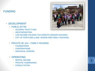 5
FUNDING
• DEVELOPMENT
• PUBLIC ($11M)
• HOUSING TRUST FUND
• WEATHERIZATION
• LOW INCOME HOUSING TAX CREDITS (SENIOR HOUSING)
• CITY OF PORTLAND (LAND, SENIOR AND FAMILY HOUSING)
• PRIVATE ($1.3m) – FAMILY HOUSING
• FOUNDATIONS
• CORPORATIONS
• INDIVIDUAL DONORS
• OPERATING
• RENTAL INCOME
• PRIVATE FUNDRAISING
• CONSULTATION
 