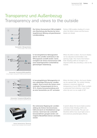 78 %
44°
0°- 44°
0 % - 78 %
0°
0 %
SchücoSonnenschutz CAB
Solar Shading CAB
3
Transparenz und Außenbezug
Transparency and views to the outside
Grenzwinkel, CAB geschlossen
Critical angle, CAB closed
Grenzwinkel, Transparenz/CAB geöffnet
Critical angle, transparency/CAB opened
Schüco Sonnenschutz, Steuerung
Schüco solar shading control system
Grenzwinkel, Transparenz/CAB teilgeöffnet
Critical angle, transparenc /CAB partially opened
Der Schüco Sonnenschutz CAB ermöglicht
eine Abschattung des Raumes bei herun-
tergefahrenem Behang und geschlossener
Lamellenstellung.
Schüco CAB enables shading of a room
when the blind is down and the louvre
blades are closed.
In heruntergefahrener Behangposition
können die Lamellen stufenweise in der
Öffnungsweite verstellt werden. Somit
ermöglicht der Schüco Sonnenschutz CAB
einen bedarfsgerechten Lichteinfall bei
gleichzeitigem Außenbezug.
When the blind is down, the louvre blades
can be adjusted incrementally in the
opening angle. This means that Schüco
Solar Shading CAB can let light in as
required whilst also providing a view to the
outside.
In heruntergefahrener Behangposition ist
eine vollständige Öffnung der Lamellen
möglich. Somit erreicht das System einen
maximalen Transparenzgrad von bis zu
78 %. Direkte Sonneneinstrahlung wird
ab einer Sonnenhöhe von 44° vermieden.
When the blind is down, the louvre blades
can be opened fully. The system thereby
achieves a maximum degree of
transparency of up to 78%. Direct sunlight
is prevented from entering a room from
when the sun is at an angle of 44°.
Die stufenweise Regelung der Lamellen-
stellung des Schüco Sonnenschutzes
CAB wird durch ein Schaltelement vorge-
nommen. Somit kann der Lichteinfall
benutzerdefiniert geregelt werden und
mögliche Blendeffekte können vermieden
werden.
A switch allows the louvre blade position
of Schüco Solar Shading CAB to be
controlled incrementally. The user can
therefore define how much light is let in
and avoid any potential glare effects.
 