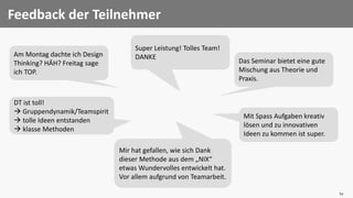1414
Feedback der Teilnehmer
Das Seminar bietet eine gute
Mischung aus Theorie und
Praxis.
Mir hat gefallen, wie sich Dank
dieser Methode aus dem „NIX“
etwas Wundervolles entwickelt hat.
Vor allem aufgrund von Teamarbeit.
DT ist toll!
 Gruppendynamik/Teamspirit
 tolle Ideen entstanden
 klasse Methoden
Mit Spass Aufgaben kreativ
lösen und zu innovativen
Ideen zu kommen ist super.
Am Montag dachte ich Design
Thinking? HÄH? Freitag sage
ich TOP.
Super Leistung! Tolles Team!
DANKE
 