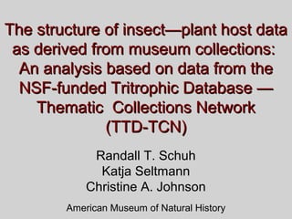 The structure of insect—plant host data
as derived from museum collections:
An analysis based on data from the
NSF-funded Tritrophic Database —
Thematic Collections Network
(TTD-TCN)
Randall T. Schuh
Katja Seltmann
Christine A. Johnson
American Museum of Natural History

 