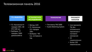 Телевизионная панель 2016
ГС и ВЫБОРКА ТЕХНОЛОГИЯ ПРОСМОТР
КАНАЛОВ
• ГС: Население 4+
городов 100+, 68
971 528 чел
• Выборка: 77
городов, 5400
домохозяйств
• Пиплметр TNS 5000
• Audio Matching System
• Live-просмотр
ТВ, без
отложенного
просмотра и
гостевого
смотрения
• 25
национальных
• Более 150
тематических
УСТАНОВОЧНОЕ
ИССЛЕДОВАНИЕ
• Метод: CATI
• ГС: Население
12+ городов
100+
• Выборка: ~40
тыс. интервью в
год
9
 