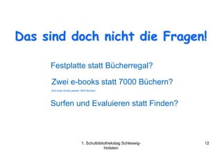 Das sind doch nicht die Fragen!

     Festplatte statt Bücherregal?

     Zwei e-books statt 7000 Büchern?
     (Auf einen kindle passen 3500 Bücher)




     Surfen und Evaluieren statt Finden?



                              1. Schulbibliothekstag Schleswig-   12
                                           Holstein
 