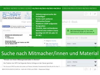 09/2012	
  10/2012	
  11/2012	
  12/2012	
  01/2013	
  02/2013	
  03/2013	
  04/2013	
  05/2013	
  06/2013	
  07/2013	
  08/2013	
  09/2013	
  
01/2013	
  
• 
• 
• 
• 
• 

AkDvierungsversuche	
  der	
  
Freiwilligen	
  
Suche	
  nach	
  weiteren	
  
Mitmacher/innen	
  
Pla`orm	
  LOOP	
  aufgesetzt	
  
ResignaDon	
  
Einsicht,	
  dass	
  vorhandenes	
  
Material	
  eine	
  andere	
  Lizenz	
  
benöDgt	
  (CC	
  BY-­‐SA	
  oder	
  CC	
  
BY-­‐NC)	
  

Suche	
  nach	
  Mitmacher/innen	
  und	
  Material	
  

 