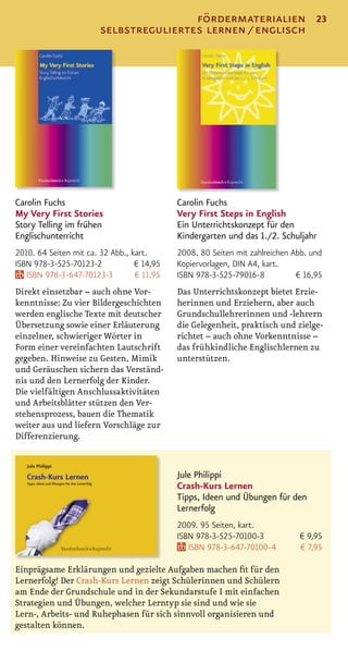 fördermaterialien                         23
                        selbstreguliertes lernen / englisch




Carolin Fuchs                               Carolin Fuchs
My Very First Stories                       Very First Steps in English
Story Telling im frühen                     Ein Unterrichtskonzept für den
Englischunterricht                          Kindergarten und das 1./2. Schuljahr
2010. 64 Seiten mit ca. 32 Abb., kart.      2008. 80 Seiten mit zahlreichen Abb. und
ISBN 978-3-525-70123-2            € 14,95   Kopiervorlagen, DIN A4, kart.
   ISBN 978-3-647-70123-3         € 11,95   ISBN 978-3-525-79016-8           € 16,95
Direkt einsetzbar – auch ohne Vor-          Das Unterrichtskonzept bietet Erzie-
kenntnisse: Zu vier Bildergeschichten       herinnen und Erziehern, aber auch
werden englische Texte mit deutscher        Grundschullehrerinnen und -lehrern
Übersetzung sowie einer Erläuterung         die Gelegenheit, praktisch und zielge-
einzelner, schwieriger Wörter in            richtet – auch ohne Vorkenntnisse –
Form einer vereinfachten Lautschrift        das frühkindliche Englischlernen zu
gegeben. Hinweise zu Gesten, Mimik          unterstützen.
und Geräuschen sichern das Verständ-
nis und den Lernerfolg der Kinder.
Die vielfältigen Anschlussaktivitäten
und Arbeitsblätter stützen den Ver-
stehensprozess, bauen die Thematik
weiter aus und liefern Vorschläge zur
Differenzierung.


                                            Jule Philippi
                                            Crash-Kurs Lernen
                                            Tipps, Ideen und Übungen für den
                                            Lernerfolg
                                            2009. 95 Seiten, kart.
                                            ISBN 978-3-525-70100-3           € 9,95
                                               ISBN 978-3-647-70100-4        € 7,95

Einprägsame Erklärungen und gezielte Aufgaben machen ﬁt für den
Lernerfolg! Der Crash-Kurs Lernen zeigt Schülerinnen und Schülern
am Ende der Grundschule und in der Sekundarstufe I mit einfachen
Strategien und Übungen, welcher Lerntyp sie sind und wie sie
Lern-, Arbeits- und Ruhephasen für sich sinnvoll organisieren und
gestalten können.
 