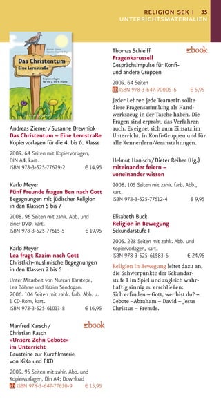 religion sek i 35
                                                unterrichtsmaterialien


                                             Thomas Schleiff
                                             Fragenkarussell
                                             Gesprächsimpulse für Konﬁ-
                                             und andere Gruppen
                                             2009. 64 Seiten
                                               ISBN 978-3-647-90005-6           € 5,95
                                             Jeder Lehrer, jede Teamerin sollte
                                             diese Fragensammlung als Hand-
                                             werkszeug in der Tasche haben. Die
                                             Fragen sind erprobt, das Verfahren
Andreas Ziemer / Susanne Drewniok            auch. Es eignet sich zum Einsatz im
Das Christentum – Eine Lernstraße            Unterricht, in Konﬁ-Gruppen und für
Kopiervorlagen für die 4. bis 6. Klasse      alle Kennenlern-Veranstaltungen.
2009. 64 Seiten mit Kopiervorlagen,
DIN A4, kart.                                Helmut Hanisch / Dieter Reiher (Hg.)
ISBN 978-3-525-77629-2           € 14,95     miteinander feiern –
                                             voneinander wissen
Karlo Meyer                                  2008. 105 Seiten mit zahlr. farb. Abb.,
Fünf Freunde fragen Ben nach Gott            kart.
Begegnungen mit jüdischer Religion           ISBN 978-3-525-77612-4              € 9,95
in den Klassen 5 bis 7
2008. 96 Seiten mit zahlr. Abb. und          Elisabeth Buck
einer DVD, kart.                             Religion in Bewegung
ISBN 978-3-525-77615-5            € 19,95    Sekundarstufe I
                                             2005. 228 Seiten mit zahlr. Abb. und
Karlo Meyer                                  Kopiervorlagen, kart.
Lea fragt Kazim nach Gott                    ISBN 978-3-525-61583-6            € 24,95
Christlich-muslimische Begegnungen
                                             Religion in Bewegung leitet dazu an,
in den Klassen 2 bis 6
                                             die Schwerpunkte der Sekundar-
Unter Mitarbeit von Nurcan Karatepe,         stufe I im Spiel und zugleich wahr-
Lea Böhme und Kazim Sendogan.                haftig sinnig zu erschließen:
2006. 104 Seiten mit zahlr. farb. Abb. u.    Sich erﬁnden – Gott, wer bist du? –
1 CD-Rom, kart.                              Gebote –Abraham – David – Jesus
ISBN 978-3-525-61013-8             € 16,95   Christus – Fremde.

Manfred Karsch /
Christian Rasch
»Unsere Zehn Gebote«
im Unterricht
Bausteine zur Kurzﬁlmserie
von KiKa und EKD
2009. 95 Seiten mit zahlr. Abb. und
Kopiervorlagen, Din A4; Download
   ISBN 978-3-647-77630-9         € 15,95
 