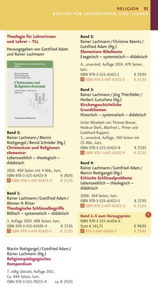 religion 51
                             bücher für lehrerinnen und lehrer


Theologie für Lehrerinnen                     Band 2:
und Lehrer – TLL                              Rainer Lachmann / Christine Reents /
                                              Gottfried Adam (Hg.)
Herausgegeben von Gottfried Adam
                                              Elementare Bibeltexte
und Rainer Lachmann
                                              Exegetisch – systematisch – didaktisch
                                              4., unveränd. Auﬂage 2010. 479 Seiten,
                                              kart.
                                              ISBN 978-3-525-61421-1          € 29,95
                                                  ISBN 978-3-647-61421-2      € 23,95

                                              Band 3:
                                              Rainer Lachmann / Jörg Thierfelder /
                                              Herbert Gutschera (Hg.)
                                              Kirchengeschichtliche
                                              Grundthemen
                                              Historisch – systematisch – didaktisch
                                              Unter Mitarbeit von Thomas Breuer,
                                              Heidrun Dierk, Manfred L. Pirner und
Band 5:                                       Godehard Ruppert.
Rainer Lachmann / Martin                      3., unveränd. Auﬂage. 360 Seiten mit
Rothgangel / Bernd Schröder (Hg.)             25 Abb., kart.
Christentum und Religionen                    ISBN 978-3-525-61422-8            € 27,95
elementar                                         ISBN 978-3-647-61422-9        € 22,95
Lebensweltlich – theologisch –
didaktisch                                    Band 4:
                                              Rainer Lachmann / Gottfried Adam /
2010. 400 Seiten mit 4 Abb., kart.
                                              Martin Rothgangel (Hg.)
ISBN 978-3-525-61425-9           € 29,95
                                              Ethische Schlüsselprobleme
   ISBN 978-3-647-61425-0        € 23,95
                                              Lebensweltlich – theologisch –
                                              didaktisch
Band 1:
                                              2006. 384 Seiten, kart.
Rainer Lachmann / Gottfried Adam /
                                              ISBN 978-3-525-61423-5           € 27,95
Werner H. Ritter
                                                 ISBN 978-3-647-61423-6        € 22,95
Theologische Schlüsselbegriffe
Biblisch – systematisch – didaktisch                                             !
                                              Band 1–5 zum Vorzugspreis:
3. Auﬂage 2010. 408 Seiten, kart.             ISBN 978-3-525-61426-6
ISBN 978-3-525-61420-4            € 27,95     Statt € 143,75             € 99,95
   ISBN 978-3-647-61420-5        € 22,95         978-3-647-61426-7       € 79,95


Martin Rothgangel / Gottfried Adam /
Rainer Lachmann (Hg.)
Religionspädagogisches
Kompendium
7. völlig überarb. Auﬂage 2011.
Ca. 448 Seiten, kart.
ISBN 978-3-525-70215-4          ca. € 29,95
 