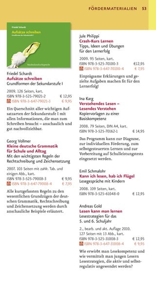 fördermaterialien                53




                                             Jule Philippi
                                             Crash-Kurs Lernen
                                             Tipps, Ideen und Übungen
                                             für den Lernerfolg
                                             2009. 95 Seiten, kart.
                                             ISBN 978-3-525-70100-3           €12,95
                                                ISBN 978-3-647-70100-4         € 7,95
Friedel Schardt
                                             Einprägsame Erklärungen und ge-
Aufsätze schreiben
                                             zielte Aufgaben machen ﬁt für den
Grundformen der Sekundarstufe I
                                             Lernerfolg!
2009. 126 Seiten, kart.
ISBN 978-3-525-79021-2            € 12,95
                                             Ina Karg
   ISBN 978-3-647-79021-3          € 9,95
                                             Verstehendes Lesen –
Ein Querschnitt aller wichtigen Auf-         Lesendes Verstehen
satzarten der Sekundarstufe I mit            Kopiervorlagen zu einer
allen Informationen, die man zum             Basiskompetenz
Schreiben braucht – anschaulich und
                                             2008. 79 Seiten, DIN A4, kart.
gut nachvollziehbar.
                                             ISBN 978-3-525-70162-1           € 14,95
                                             Das Programm kann zur Diagnose,
Georg Vollmer
                                             zur individuellen Förderung, zum
Kleine deutsche Grammatik
                                             selbstgesteuerten Lernen und zur
für Schule und Alltag
                                             Vorbereitung auf Schulleistungstests
Mit den wichtigsten Regeln der
                                             eingesetzt werden.
Rechtschreibung und Zeichensetzung
2007. 103 Seiten mit zahlr. Tab. und
                                             Emil Schmalohr
einigen Abb., kart.
                                             Kann ich lesen, hab ich Flügel
ISBN 978-3-525-79008-3              € 9,95
                                             Lesegespräche mit Kindern
    ISBN 978-3-647-79008-4          € 7,95
                                             2008. 109 Seiten, kart.
Alle kurzgefassten Regeln zu den
                                             ISBN 978-3-525-61048-0           € 12,95
wesentlichen Grundzügen der deut-
schen Grammatik, Rechtschreibung
und Zeichensetzung werden durch              Andreas Gold
anschauliche Beispiele erläutert.            Lesen kann man lernen
                                             Lesestrategien für das
                                             5. und 6. Schuljahr
                                             2., bearb. und akt. Auﬂage 2010.
                                             127 Seiten mit 13 Abb., kart.
                                             ISBN 978-3-525-31008-3           € 12,95
                                                 ISBN 978-3-647-31008-4        € 9,95
                                             Wie erwirbt man Lesekompetenz und
                                             wie vermittelt man jungen Lesern
                                             Lesestrategien, die aktiv und selbst-
                                             regulativ angewendet werden?
 