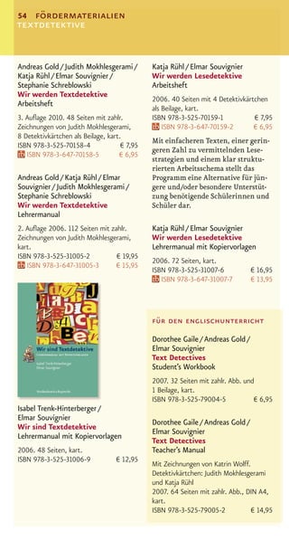 54 fördermaterialien
textdetektive


Andreas Gold / Judith Mokhlesgerami /         Katja Rühl / Elmar Souvignier
Katja Rühl / Elmar Souvignier /               Wir werden Lesedetektive
Stephanie Schreblowski                        Arbeitsheft
Wir werden Textdetektive
                                              2006. 40 Seiten mit 4 Detektivkärtchen
Arbeitsheft
                                              als Beilage, kart.
3. Auﬂage 2010. 48 Seiten mit zahlr.          ISBN 978-3-525-70159-1            € 7,95
Zeichnungen von Judith Mokhlesgerami,             ISBN 978-3-647-70159-2        € 6,95
8 Detektivkärtchen als Beilage, kart.
                                              Mit einfacheren Texten, einer gerin-
ISBN 978-3-525-70158-4               € 7,95
                                              geren Zahl zu vermittelnden Lese-
   ISBN 978-3-647-70158-5           € 6,95
                                              strategien und einem klar struktu-
                                              rierten Arbeitsschema stellt das
Andreas Gold / Katja Rühl / Elmar             Programm eine Alternative für jün-
Souvignier / Judith Mokhlesgerami /           gere und/oder besondere Unterstüt-
Stephanie Schreblowski                        zung benötigende Schülerinnen und
Wir werden Textdetektive                      Schüler dar.
Lehrermanual
2. Auﬂage 2006. 112 Seiten mit zahlr.         Katja Rühl / Elmar Souvignier
Zeichnungen von Judith Mokhlesgerami,         Wir werden Lesedetektive
kart.                                         Lehrermanual mit Kopiervorlagen
ISBN 978-3-525-31005-2           € 19,95
                                              2006. 72 Seiten, kart.
   ISBN 978-3-647-31005-3        € 15,95
                                              ISBN 978-3-525-31007-6            € 16,95
                                                 ISBN 978-3-647-31007-7         € 13,95



                                              für den englischunterricht
                                              Dorothee Gaile / Andreas Gold /
                                              Elmar Souvignier
                                              Text Detectives
                                              Student’s Workbook
                                              2007. 32 Seiten mit zahlr. Abb. und
                                              1 Beilage, kart.
                                              ISBN 978-3-525-79004-5             € 6,95
Isabel Trenk-Hinterberger /
Elmar Souvignier
                                              Dorothee Gaile / Andreas Gold /
Wir sind Textdetektive
                                              Elmar Souvignier
Lehrermanual mit Kopiervorlagen
                                              Text Detectives
2006. 48 Seiten, kart.                        Teacher’s Manual
ISBN 978-3-525-31006-9             € 12,95
                                              Mit Zeichnungen von Katrin Wolff.
                                              Detektivkärtchen: Judith Mokhlesgerami
                                              und Katja Rühl
                                              2007. 64 Seiten mit zahlr. Abb., DIN A4,
                                              kart.
                                              ISBN 978-3-525-79005-2            € 14,95
 