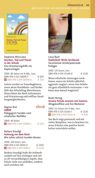 pädagogik 63
                            bücher für lehrerinnen und lehrer




Stephanie Witt-Loers                       Laura Bach
Sterben, Tod und Trauer                    Seelenleid: Nicht lernbereit
in der Schule                              Verschüttete Schülerpotenziale
Eine Orientierungshilfe mit                freilegen
Kopiervorlagen
                                           2007. 110 Seiten, kart.
2009. 96 Seiten mit 8 Abb., kart.          ISBN 978-3-525-31540-8            € 12,95
ISBN 978-3-525-58009-7            € 9,95
                                           Wenn schulische Leistungen nach-
   ISBN 978-3-647-58009-8         € 7,95
                                           lassen, wenn ein Schüler plötzlich
Lehrer werden zu Trauerbegleitern,         aggressiv reagiert, wenn eine Schüle-
wenn akute Krankheits- und Sterbe-         rin ganz allmählich verstummt – wie
fälle den Schulalltag überschatten.        kann man darauf reagieren?
Ihnen bietet das Buch Information
und Orientierung und eröffnet Hand-
                                           Beate Herzog
lungsmöglichkeiten.
                                           Unsere Schule streitet mit Gewinn
                                           Alltagskonﬂikte und ihre Mediation
Dagmar Krol
                                           2007. 111 Seiten mit 9 Abb., kart.
AMOK
                                           ISBN 978-3-525-31516-3             € 12,95
Pädagogisch handeln nach
                                              ISBN 978-3-647-31516-4           € 9,95
schulischen Notfällen
                                           Das Buch zeigt praxisnah und mit
2009. 40 Seiten
                                           vielen Beispielen, was zu beachten ist,
  ISBN 978-3-647-58008-1         € 5,95
                                           wenn Schulen eine positive Streit-
                                           kultur entwickeln wollen.
Barbara Staudigl
Achtung vor dem Kind
Wie Lehrer ethisch handeln können
2009. 144 Seiten, kart.
ISBN 978-3-525-70101-0          € 14,95
   ISBN 978-3-647-70101-1       € 11,95
Barbara Staudigl lenkt die Aufmerk-
samkeit auf den wichtigen und viel
zu oft vernachlässigten Aspekt, dass
Schule nicht nur ausbilden, sondern
auch erziehen soll.
 