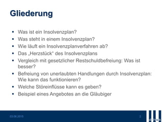 Gliederung
 Was ist ein Insolvenzplan?
 Was steht in einem Insolvenzplan?
 Wie läuft ein Insolvenzplanverfahren ab?
 Das „Herzstück“ des Insolvenzplans
 Vergleich mit gesetzlicher Restschuldbefreiung: Was ist
besser?
 Befreiung von unerlaubten Handlungen durch Insolvenzplan:
Wie kann das funktionieren?
 Welche Störeinflüsse kann es geben?
 Beispiel eines Angebotes an die Gläubiger
03.06.2015 2
 