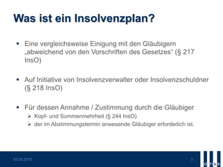 Was ist ein Insolvenzplan?
 Eine vergleichsweise Einigung mit den Gläubigern
„abweichend von den Vorschriften des Gesetzes“ (§ 217
InsO)
 Auf Initiative von Insolvenzverwalter oder Insolvenzschuldner
(§ 218 InsO)
 Für dessen Annahme / Zustimmung durch die Gläubiger
 Kopf- und Summenmehrheit (§ 244 InsO)
 der im Abstimmungstermin anwesende Gläubiger erforderlich ist.
03.06.2015 3
 