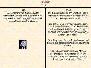1973 Der Biolehrer zückt sein eigenes Schweizer Messer, und zusammen mit anderen Schülern vergleichen sie die unterschiedlichen Funktionen. 2008 Die Einsatzleitstelle der örtlichen Polizei wickelt einen tadellosen, erlassgemäßen „ Amok-Lagen“-Einsatz ab.  Die Schule wird weiträumig abgesperrt. Spezialeinheiten rücken an. Robert wird mit mehreren Betäubungsschüssen gelähmt und sofort in eine geschlossene Anstalt verfrachtet.  Eine Team von Psychologen kommt und betreut die traumatisierten Mitschüler und Lehrer.  Das Schulgebäude wird fünf Monate geschlossen, komplett renoviert und schließlich in einem feierlichen Akt vom Innenminister wieder eröffnet. 1 