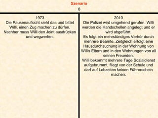 1973 Die Pausenaufsicht sieht das und bittet Willi, einen Zug machen zu dürfen. Nachher muss Willi den Joint ausdrücken und wegwerfen. 2010 Die Polizei wird umgehend gerufen. Willi werden die Handschellen angelegt und er wird abgeführt. Es folgt ein mehrstündiges Verhör durch mehrere Beamte. Zeitgleich erfolgt eine Hausdurchsuchung in der Wohnung von Willis Eltern und in den Wohnungen von all seinen Freunden. Willi bekommt mehrere Tage Sozialdienst aufgebrummt, fliegt von der Schule und darf auf Lebzeiten keinen Führerschein machen. 8 