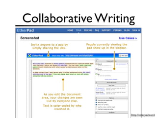 Collaborative Writing




                    (http://etherpad.com)
 