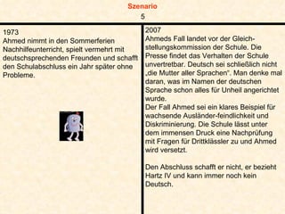 1973 Ahmed nimmt in den Sommerferien Nachhilfeunterricht, spielt vermehrt mit deutschsprechenden Freunden und schafft den Schulabschluss ein Jahr später ohne Probleme. 2007 Ahmeds Fall landet vor der Gleich-stellungskommission der Schule. Die Presse findet das Verhalten der Schule unvertretbar. Deutsch sei schließlich nicht „die Mutter aller Sprachen“. Man denke mal daran, was im Namen der deutschen Sprache schon alles für Unheil angerichtet wurde.  Der Fall Ahmed sei ein klares Beispiel für wachsende Ausländer-feindlichkeit und Diskriminierung. Die Schule lässt unter dem immensen Druck eine Nachprüfung mit Fragen für Drittklässler zu und Ahmed wird versetzt.  Den Abschluss schafft er nicht, er bezieht Hartz IV und kann immer noch kein Deutsch. 5 