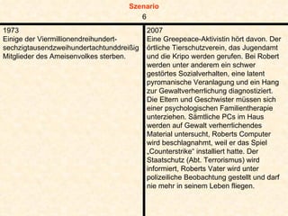1973 Einige der Viermillionendreihundert-sechzigtausendzweihundertachtunddreißig Mitglieder des Ameisenvolkes sterben. 2007 Eine Greepeace-Aktivistin hört davon. Der örtliche Tierschutzverein, das Jugendamt und die Kripo werden gerufen. Bei Robert werden unter anderem ein schwer gestörtes Sozialverhalten, eine latent pyromanische Veranlagung und ein Hang zur Gewaltverherrlichung diagnostiziert. Die Eltern und Geschwister müssen sich einer psychologischen Familientherapie unterziehen. Sämtliche PCs im Haus werden auf Gewalt verherrlichendes Material untersucht, Roberts Computer wird beschlagnahmt, weil er das Spiel „Counterstrike“ installiert hatte. Der Staatschutz (Abt. Terrorismus) wird informiert, Roberts Vater wird unter polizeiliche Beobachtung gestellt und darf nie mehr in seinem Leben fliegen. 6 