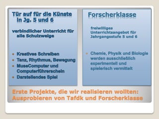 Erste Projekte, die wir realisieren wollten:
Ausprobieren von Tafdk und Forscherklasse
 