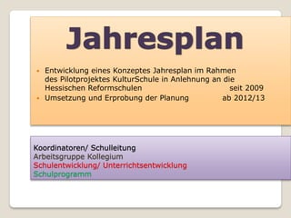 Entwicklung eines Konzeptes Jahresplan im Rahmen
  des Pilotprojektes KulturSchule in Anlehnung an die
  Hessischen Reformschulen                          seit 2009
 Umsetzung und Erprobung der Planung            ab 2012/13




Koordinatoren/ Schulleitung
Arbeitsgruppe Kollegium
Schulentwicklung/ Unterrichtsentwicklung
Schulprogramm
 
