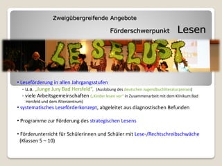 Zweigübergreifende Angebote

                                              Förderschwerpunkt                 Lesen




• Leseförderung in allen Jahrgangsstufen
   - u.a. „Junge Jury Bad Hersfeld“, (Auslobung des deutschen Jugendbuchliteraturpreises)
   - viele Arbeitsgemeinschaften („Kinder lesen vor“ in Zusammenarbeit mit dem Klinikum Bad
    Hersfeld und dem Altenzentrum)
• systematisches Leseförderkonzept, abgeleitet aus diagnostischen Befunden

• Programme zur Förderung des strategischen Lesens

• Förderunterricht für Schülerinnen und Schüler mit Lese-/Rechtschreibschwäche
 (Klassen 5 – 10)
 
