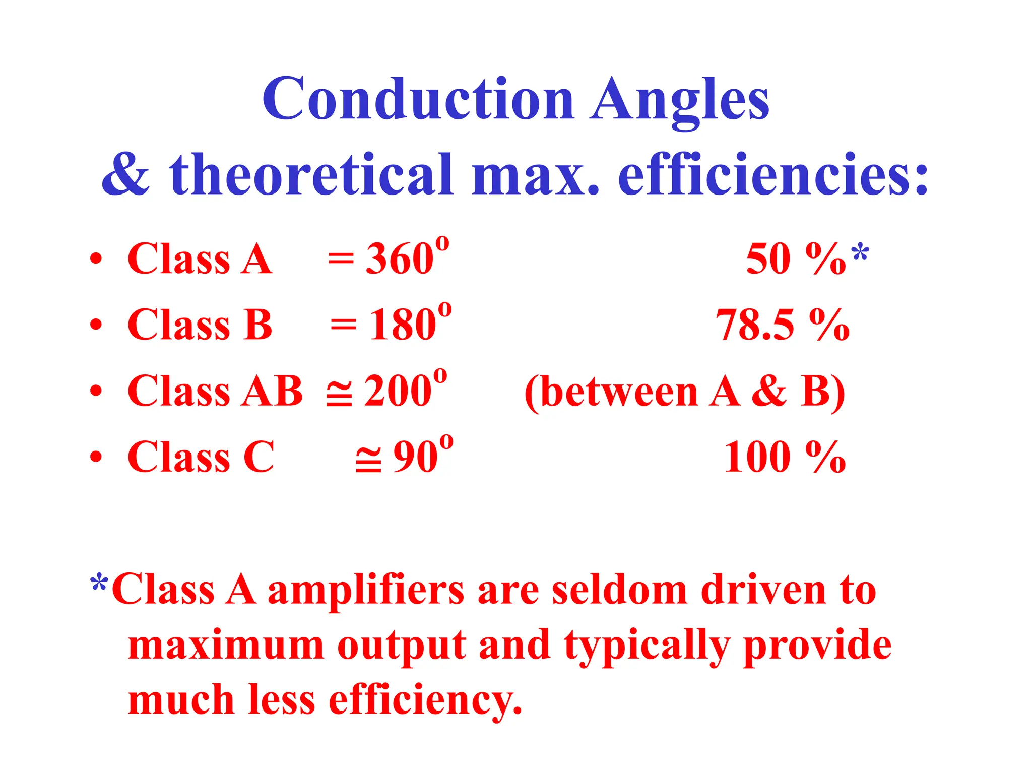Conduction Angles
& theoretical max. efficiencies:
• Class A = 360o
50 %*
• Class B = 180o
78.5 %
• Class AB @ 200o
(between A & B)
• Class C @ 90o
100 %
*Class A amplifiers are seldom driven to
maximum output and typically provide
much less efficiency.
 