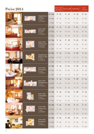 Preise 2014

28.03.–05.07.
05.07.–23.08. 23.08.–18.10.
18.10.–09.11.

19.12.–
07.01.15*

ab 7 Tage

e	 87

e	 92

e	 96

e	 101

4–6 Tage

e	 90

e	 95

e	 99

e	 107

1–3 Tage

e	 95

e	 100

e	 104

e	 114

ab 7 Tage

e	 93

e	 98

e	 102

e	 107

4–6 Tage

e	 96

e	 101

e	 105

e	 113

1–3 Tage

e	 101

e	 106

e	 110

e	 120

ab 7 Tage

e	 93

e	 98

e	 102

e	 107

4–6 Tage

e	 96

e	 101

e	 105

e	 113

1–3 Tage

e	 101

e	 106

e	 110

e	 120

ab 7 Tage

e	 99

e	 104

e	 108

e	 113

4–6 Tage

e	 102

e	 107

e	 111

e	 119

1–3 Tage

e	 107

e	 112

e	 116

e	 126

ab 7 Tage

e	 99

e	 104

e	 108

e	 113

4–6 Tage

e	 102

e	 107

e	 111

e	 119

1–3 Tage

e	 107

e	 112

e	 116

e	 126

ab 7 Tage
Junior Suite
Schwalbennest 4–6 Tage
2

e	 99

e	 104

e	 108

e	 113

e	 102

e	 107

e	 111

e	 119

1–3 Tage

e	 107

e	 112

e	 116

e	 126

ab 7 Tage

e	 99

e	 104

e	 108

e	 113

4–6 Tage

e	 102

e	 107

e	 111

e	 119

1–3 Tage

e	 107

e	 112

e	 116

e	 126

ab 7 Tage

e	 103

e	 108

e	 112

e	 117

4–6 Tage

e	 106

e	 111

e	 115

e	 123

1–3 Tage

e	 111

e	 116

e	 120

e	 130

ab 7 Tage

e	 103

e	 108

e	 112

e	 117

4–6 Tage

e	 106

e	 111

e	 115

e	 123

1–3 Tage

e	 111

e	 116

e	 120

e	 130

Doppelzimmer
Landhaus
ca. 25 m2
2–3 Personen

Junior Suite
Romantik
ca. 32 m2
2–4 Personen

Junior Suite
Schloss Juval
ca. 30–33 m2
2–3 Personen

Doppelzimmer
Romeo  Julia
ca. 28 m2
2–3 Personen

Junior Suite
Dornröschen
ca. 30 m2
2–3 Personen

ca. 33 m
2–4 Personen

Junior Suite
Turmschlössl
ca. 30 m2
2–4 Personen

Junior Suite
Schloss Tirol
ca. 38 m2
2–4 Personen

Junior Suite
Kuschelnest
ca. 32 m2
2–4 Personen

28

 