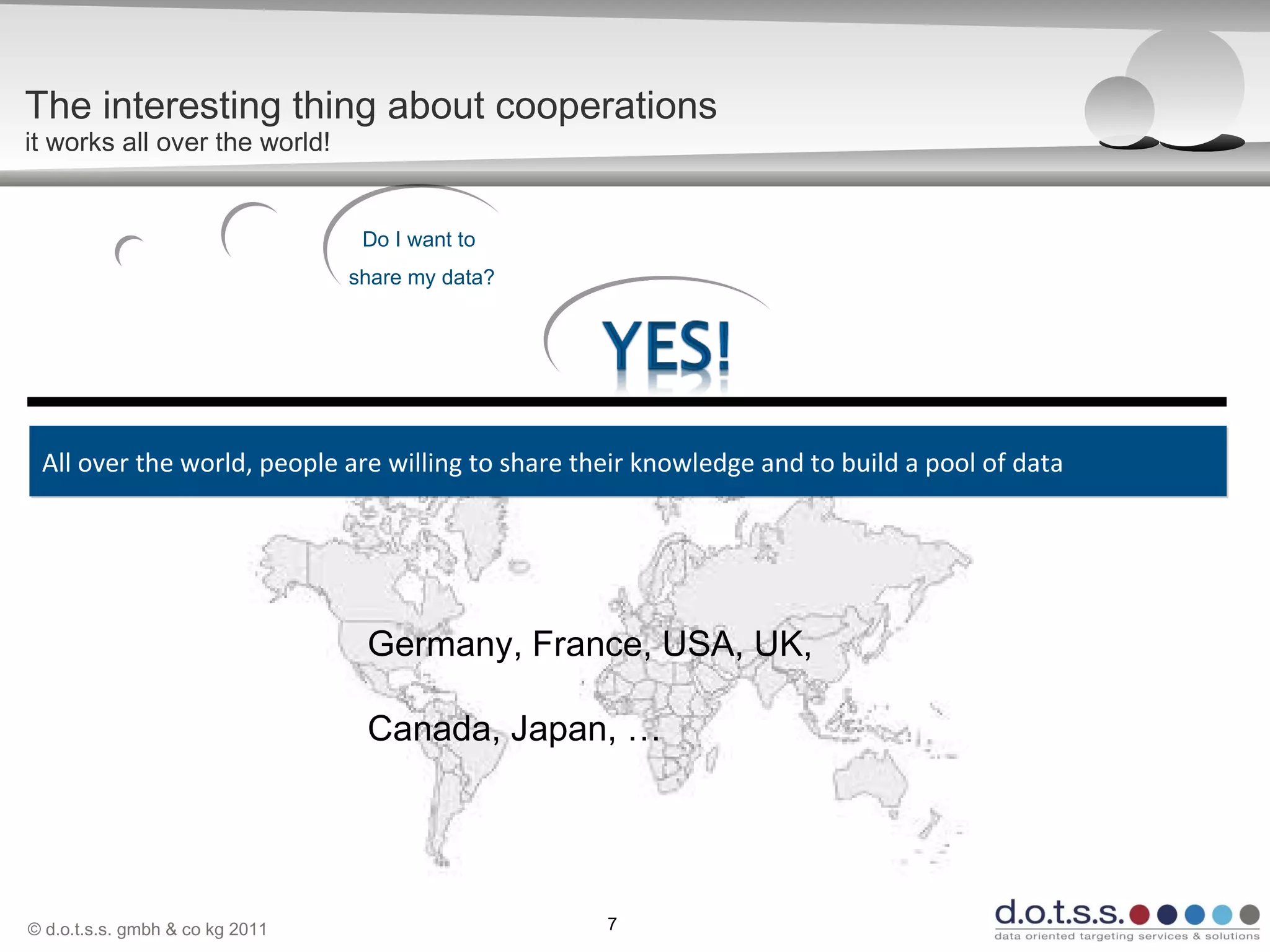 © d.o.t.s.s. gmbh & co kg 2011 7
The interesting thing about cooperations
it works all over the world!
All over the world, people are willing to share their knowledge and to build a pool of dataAll over the world, people are willing to share their knowledge and to build a pool of data
Germany, France, USA, UK,
Canada, Japan, …
Do I want to
share my data?
Do I want to
share my data?
 