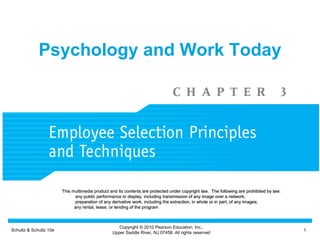 Psychology and Work Today
Schultz & Schultz 10e 1
Copyright © 2010 Pearson Education, Inc.,
Upper Saddle River, NJ 07458. All rights reserved
This multimedia product and its contents are protected under copyright law. The following are prohibited by law:
any public performance or display, including transmission of any image over a network;
preparation of any derivative work, including the extraction, in whole or in part, of any images;
any rental, lease, or lending of the program
 