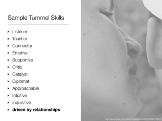 Sample Tummel Skills

‣ Listener
‣ Teacher
‣ Connector
‣ Emotive
‣ Supportive
‣ Critic
‣ Catalyst
‣ Diplomat
‣ Approachable
‣ Intuitive
‣ Inquisitive
‣ driven by relationships
                            http://www.ﬂickr.com/photos/98469445@N00/299313394/
 