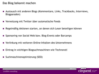 14Seite
Das Blog bekannt machen
 Austausch mit anderen Blogs (Kommentare, Links, Trackbacks, Interviews,
Blogparaden)
 Vernetzung mit Twitter über automatische Feeds
 Regelmäßig Aktionen starten, an denen sich Leser beteiligen können
 Sponsoring von Social Web bzw. Blog-Events oder Barcamps
 Verlinkung mit weiteren Online-Inhalten des Unternehmens
 Eintrag in wichtigen Blogsuchmaschinen wie Technorati
 Suchmaschinenoptimierung (SEO)
 