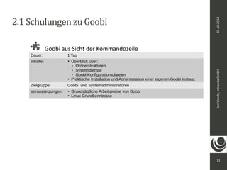 Jan Vonde, intranda GmbH 01.10.2014 
11 
2.1 Schulungen zu Goobi 
Goobi aus Sicht der Kommandozeile 
Dauer: 1 Tag 
Inhalte: ➔ Überblick über: 
 Ordnerstrukturen 
 Systemdienste 
 Goobi Konfigurationsdateien 
➔ Praktische Installation und Administration einer eigenen Goobi Instanz 
Zielgruppe: Goobi- und Systemadministratoren 
Voraussetzungen: ➔ Grundsätzliche Arbeitsweise von Goobi 
➔ Linux Grundkenntnisse 
 