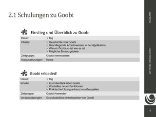 Jan Vonde, intranda GmbH 01.10.2014 
8 
2.1 Schulungen zu Goobi 
Einstieg und Überblick zu Goobi 
Dauer: 1 Tag 
Inhalte: ➔ Geschichte von Goobi 
➔ Grundlegende Arbeitsweisen in der Applikation 
➔ Warum Goobi so ist wie es ist 
➔ Mögliche Einsatzgebiete 
Zielgruppe: Goobi Interessierte 
Voraussetzungen: Keine 
Goobi reloaded! 
Dauer: 1 Tag 
Inhalte: ➔ Kurzüberblick über Goobi 
➔ Vorstellen neuer Funktionen 
➔ Praktische Übung anhand von Beispielen 
Zielgruppe: Goobi Anwender 
Voraussetzungen: Grundsätzliche Arbeitsweise von Goobi 
 
