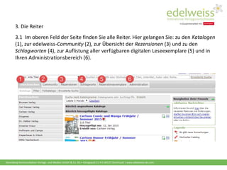 Harenberg Kommunikation Verlags- und Medien GmbH & Co. KG • Königswall 21 • D-44137 Dortmund | www.edelweiss-de.com
3.1 Im oberen Feld der Seite finden Sie alle Reiter. Hier gelangen Sie: zu den Katalogen
(1), zur edelweiss-Community (2), zur Übersicht der Rezensionen (3) und zu den
Schlagworten (4), zur Auflistung aller verfügbaren digitalen Leseexemplare (5) und in
Ihren Administrationsbereich (6).
3. Die Reiter
 