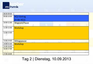 08:00-09:00
09:00-10:00
10:00-11:00

HCU-Vortrag
(in der HCU)
Wegezeit/Pause

11:00-12:00

Workshop

12:00-13:00

13:00-14:00
14:00-15:00
15:00-16:00
16:00-17:00

Mittagspause
Workshop

17:00-18:00

Tag 2 | Dienstag, 10.09.2013

 