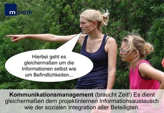 Hierbei geht es
gleichermaßen um die
Informationen selbst wie
um Befindlichkeiten...

Kommunikationsmanagement (braucht Zeit!) Es dient
gleichermaßen dem projektinternen Informationsaustausch
wie der sozialen Integration aller Beteiligten.

 