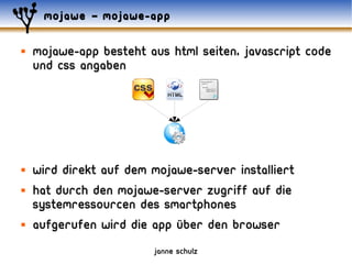 mojawe – mojawe-app

   mojawe-app besteht aus html seiten, javascript code
    und css angaben




   wird direkt auf dem mojawe-server installiert
   hat durch den mojawe-server zugriff auf die
    systemressourcen des smartphones
   aufgerufen wird die app über den browser
                        janne schulz
 